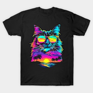 Birman Cat Sunglasses Beach Sunset Pop Art T-Shirt